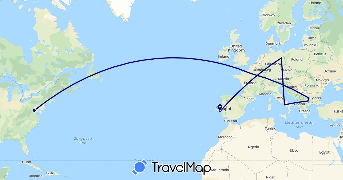 TravelMap itinerary: driving in Bulgaria, Germany, France, Italy, Portugal, United States (Europe, North America)
